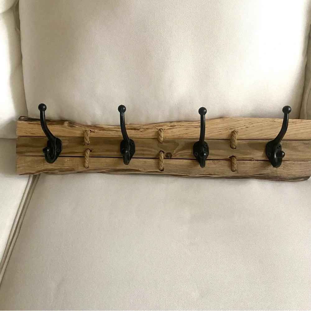 Hand Crafted Natural Live Edge Wood, w/5 Wrought Iron Hooks, & Jute rope.
